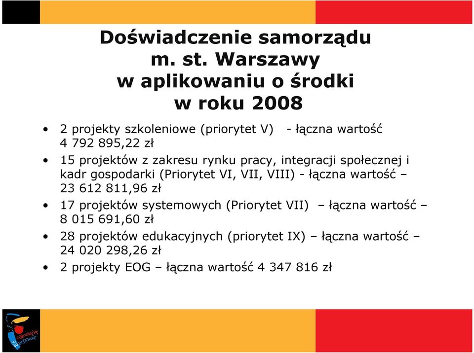 projektów z zakresu rynku pracy, integracji społecznej i kadr gospodarki (Priorytet VI, VII, VIII) - łączna wartość