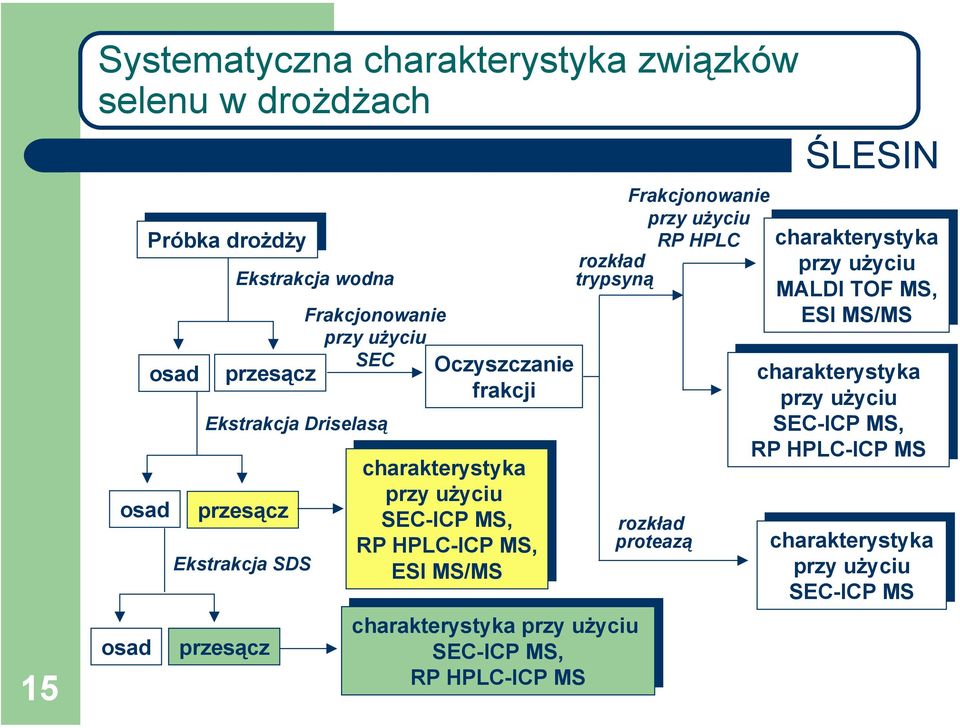 charakterystyka charakterystyka przy przy użyciu użyciu SEC-ICP SEC-ICP MS, MS, RP RP HPLC-ICP HPLC-ICP MS MS Frakcjonowanie przy użyciu RP HPLC rozkład proteazą charakterystyka charakterystyka przy