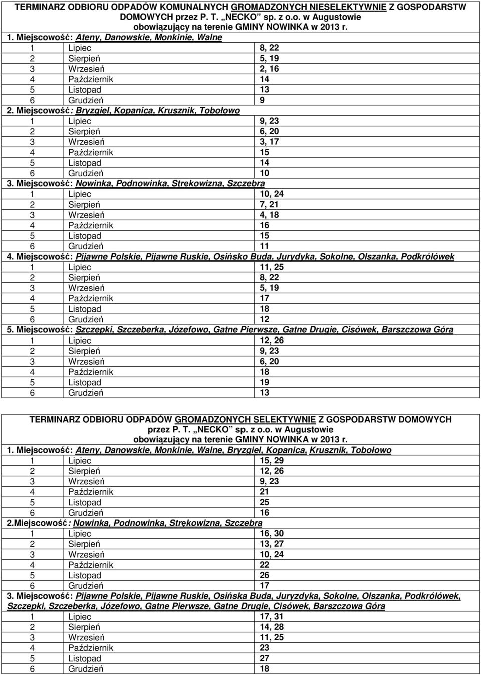 Miejscowość: Bryzgiel, Kopanica, Krusznik, Tobołowo 1 Lipiec 9, 23 2 Sierpień 6, 20 3 Wrzesień 3, 17 4 Październik 15 5 Listopad 14 6 Grudzień 10 3.