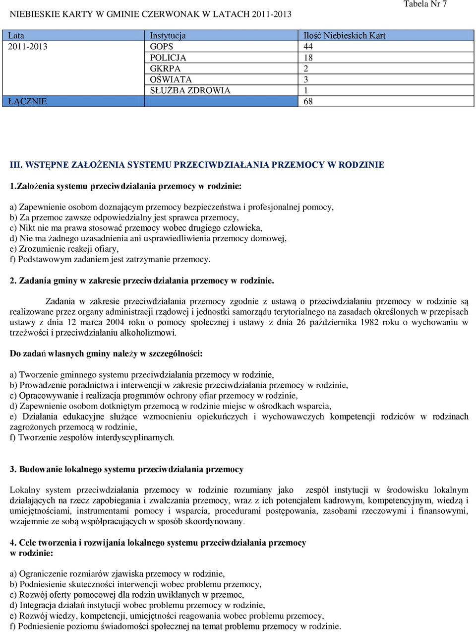 Założenia systemu przeciwdziałania przemocy w rodzinie: a) Zapewnienie osobom doznającym przemocy bezpieczeństwa i profesjonalnej pomocy, b) Za przemoc zawsze odpowiedzialny jest sprawca przemocy, c)