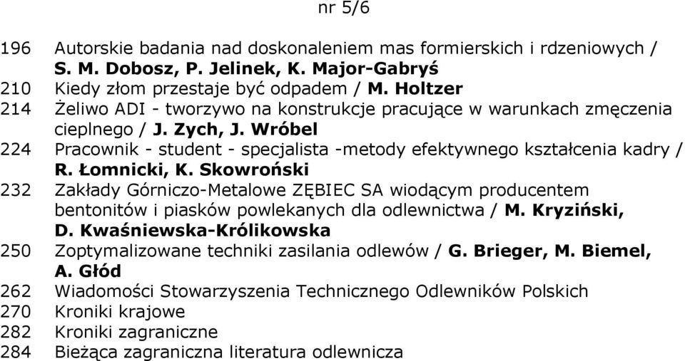Łomnicki, K. Skowroński 232 Zakłady Górniczo-Metalowe ZĘBIEC SA wiodącym producentem bentonitów i piasków powlekanych dla odlewnictwa / M. Kryziński, D.