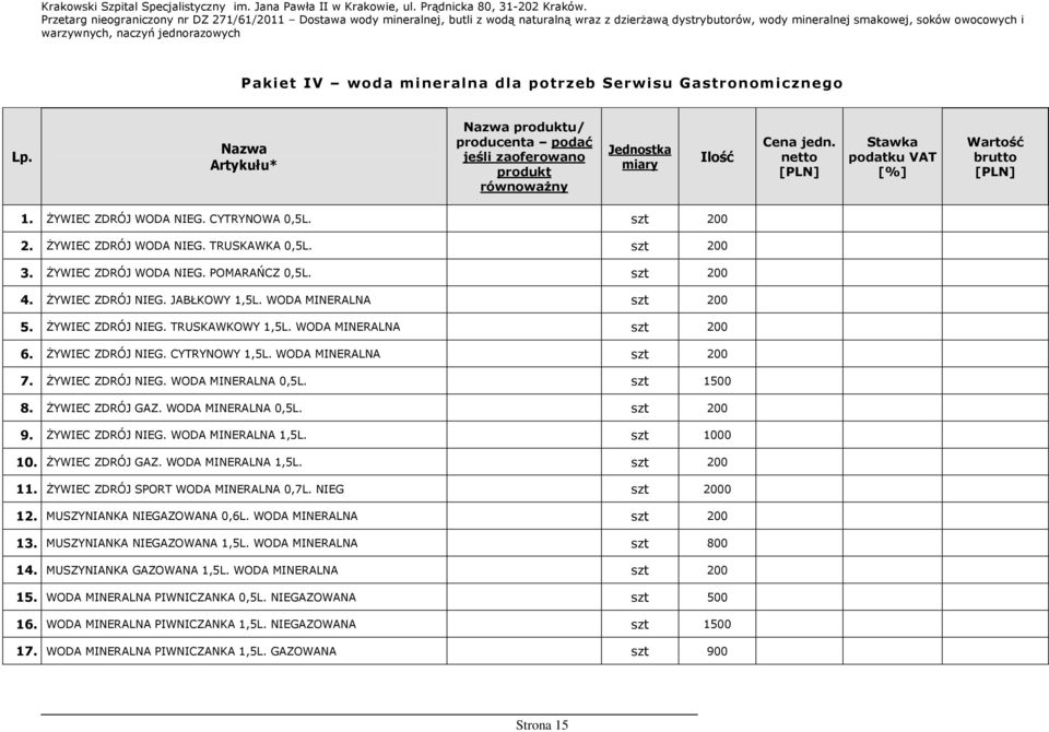 śywiec ZDRÓJ WODA NIEG. CYTRYNOWA 0,5L. szt 200 2. śywiec ZDRÓJ WODA NIEG. TRUSKAWKA 0,5L. szt 200 3. śywiec ZDRÓJ WODA NIEG. POMARAŃCZ 0,5L. szt 200 4. śywiec ZDRÓJ NIEG. JABŁKOWY 1,5L.