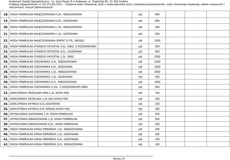 WODA MINERALNA śywiecki KRYSZTAŁ 0,5L. NIEG. Z DOZOWNIKIEM szt 500 24. WODA MINERALNA śywiecki KRYSZTAŁ 0,5L. GAZOWANA szt 800 25. WODA MINERALNA śywiecki KRYSZTAŁ 1,5L. NIEG. szt 2500 26.