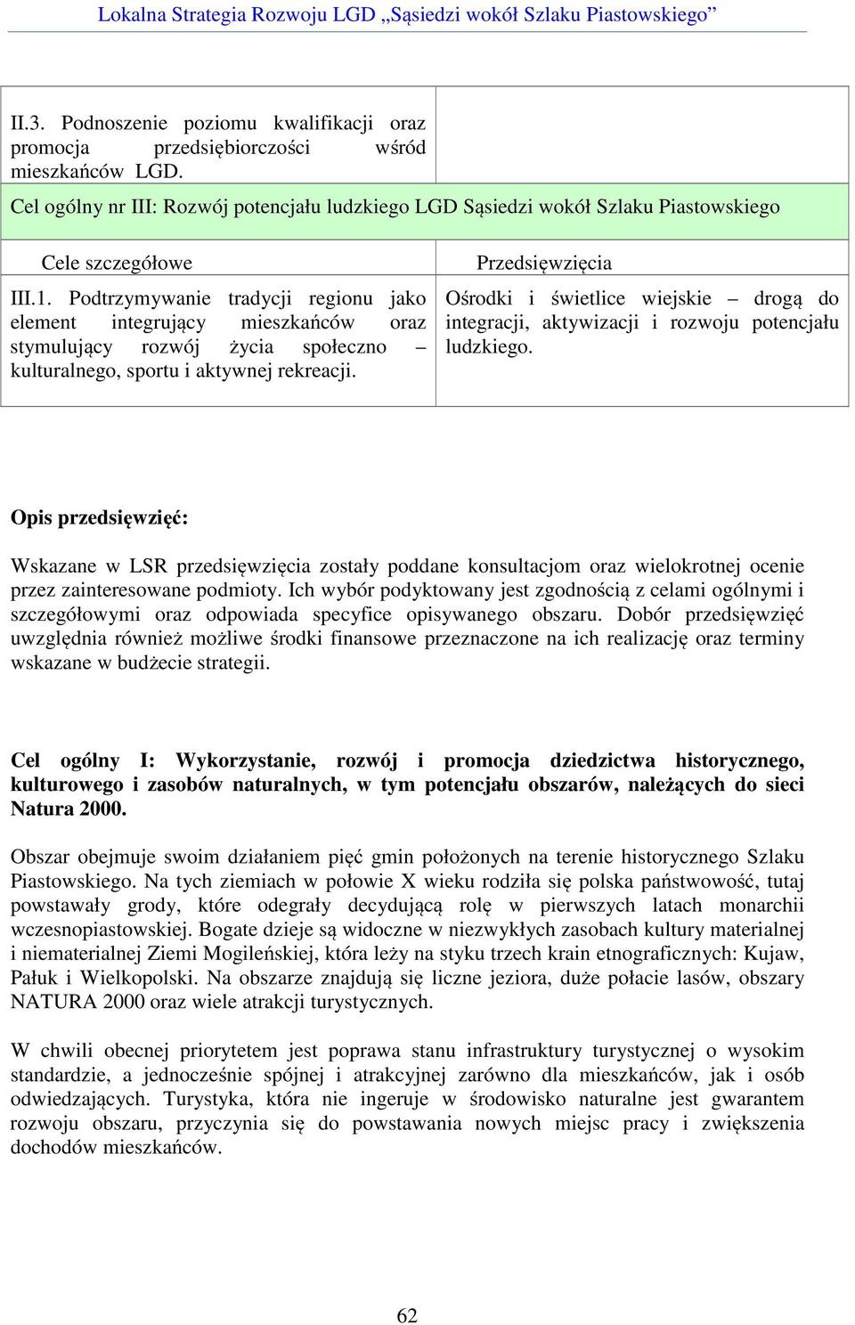 Podtrzymywanie tradycji regionu jako element integrujący mieszkańców oraz stymulujący rozwój życia społeczno kulturalnego, sportu i aktywnej rekreacji.