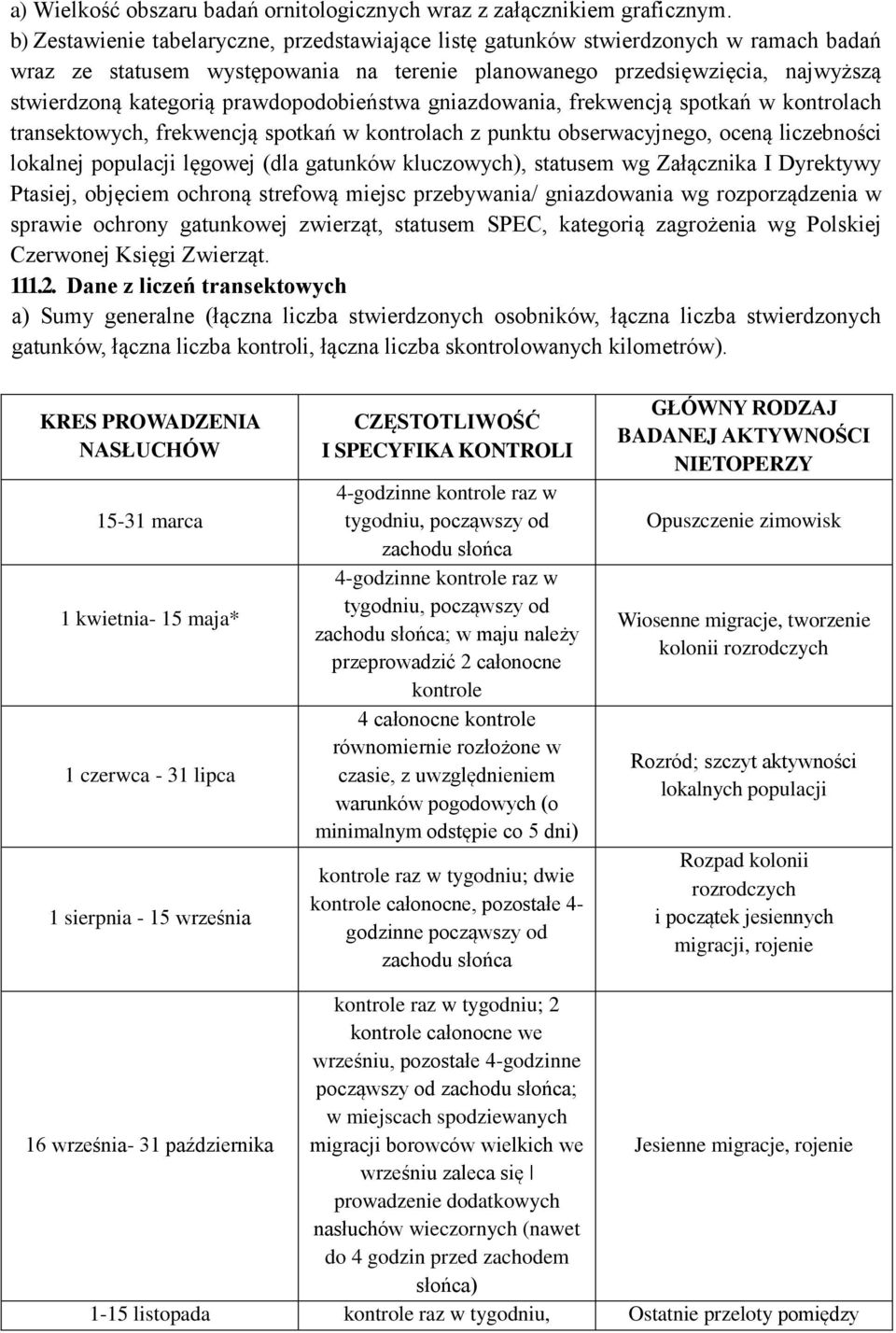 prawdopodobieństwa gniazdowania, frekwencją spotkań w kontrolach transektowych, frekwencją spotkań w kontrolach z punktu obserwacyjnego, oceną liczebności lokalnej populacji lęgowej (dla gatunków