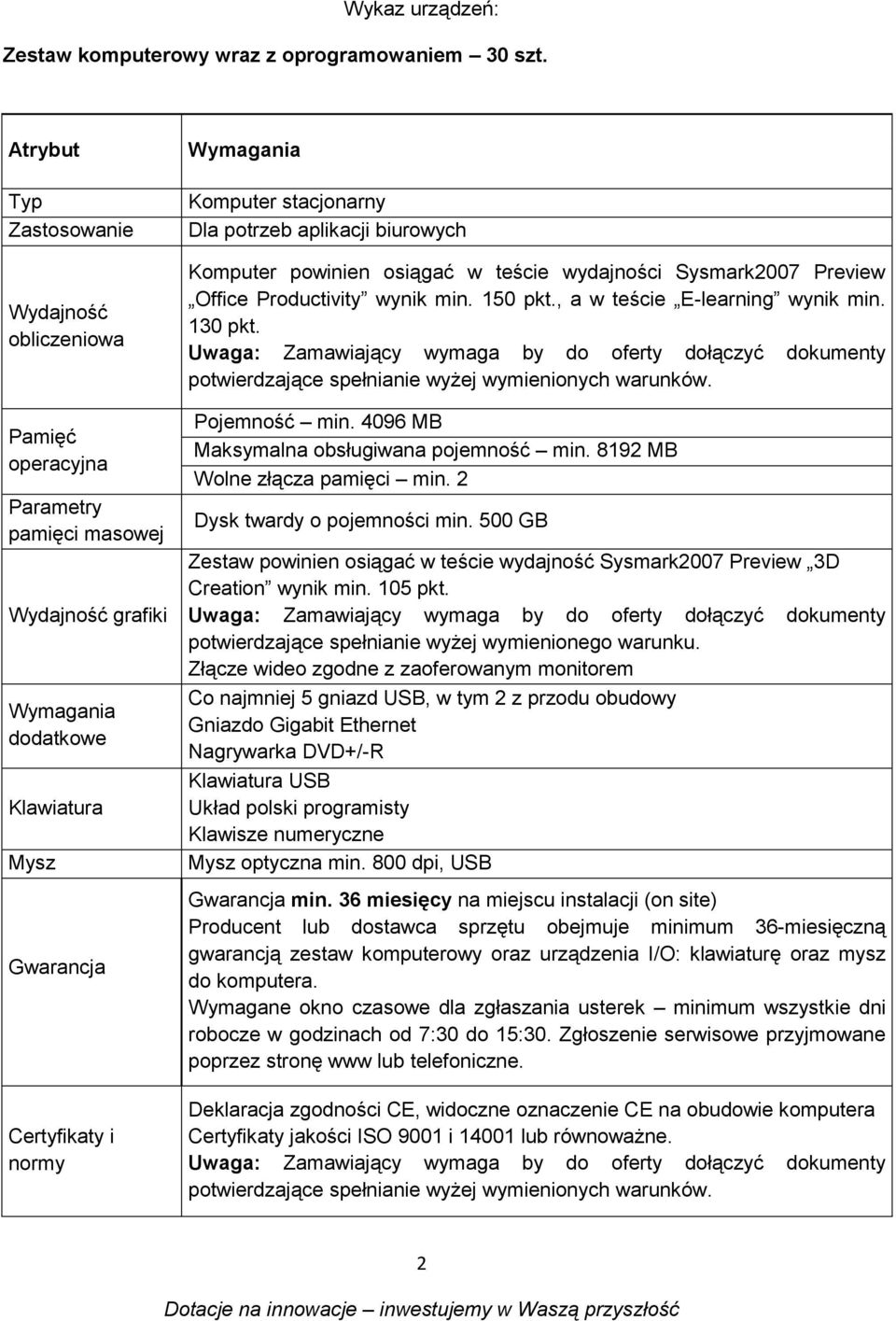 aplikacji biurowych Komputer powinien osiągać w teście wydajności Sysmark2007 Preview Office Productivity wynik min. 150 pkt., a w teście E-learning wynik min. 130 pkt. Pojemność min.