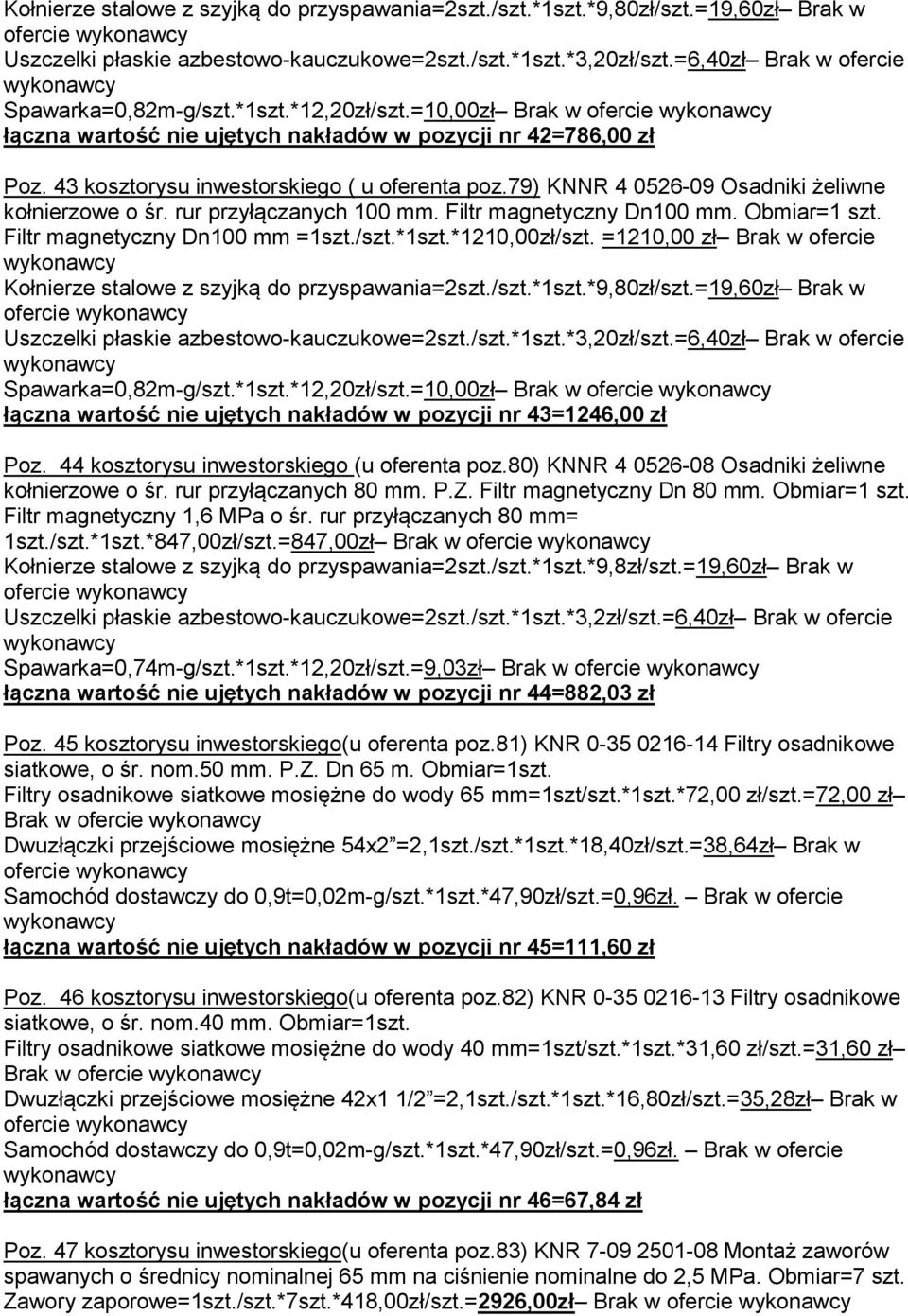 79) KNNR 4 0526-09 Osadniki żeliwne kołnierzowe o śr. rur przyłączanych 100 mm. Filtr magnetyczny Dn100 mm. Obmiar=1 szt. Filtr magnetyczny Dn100 mm =1szt./szt.*1szt.*1210,00zł/szt.