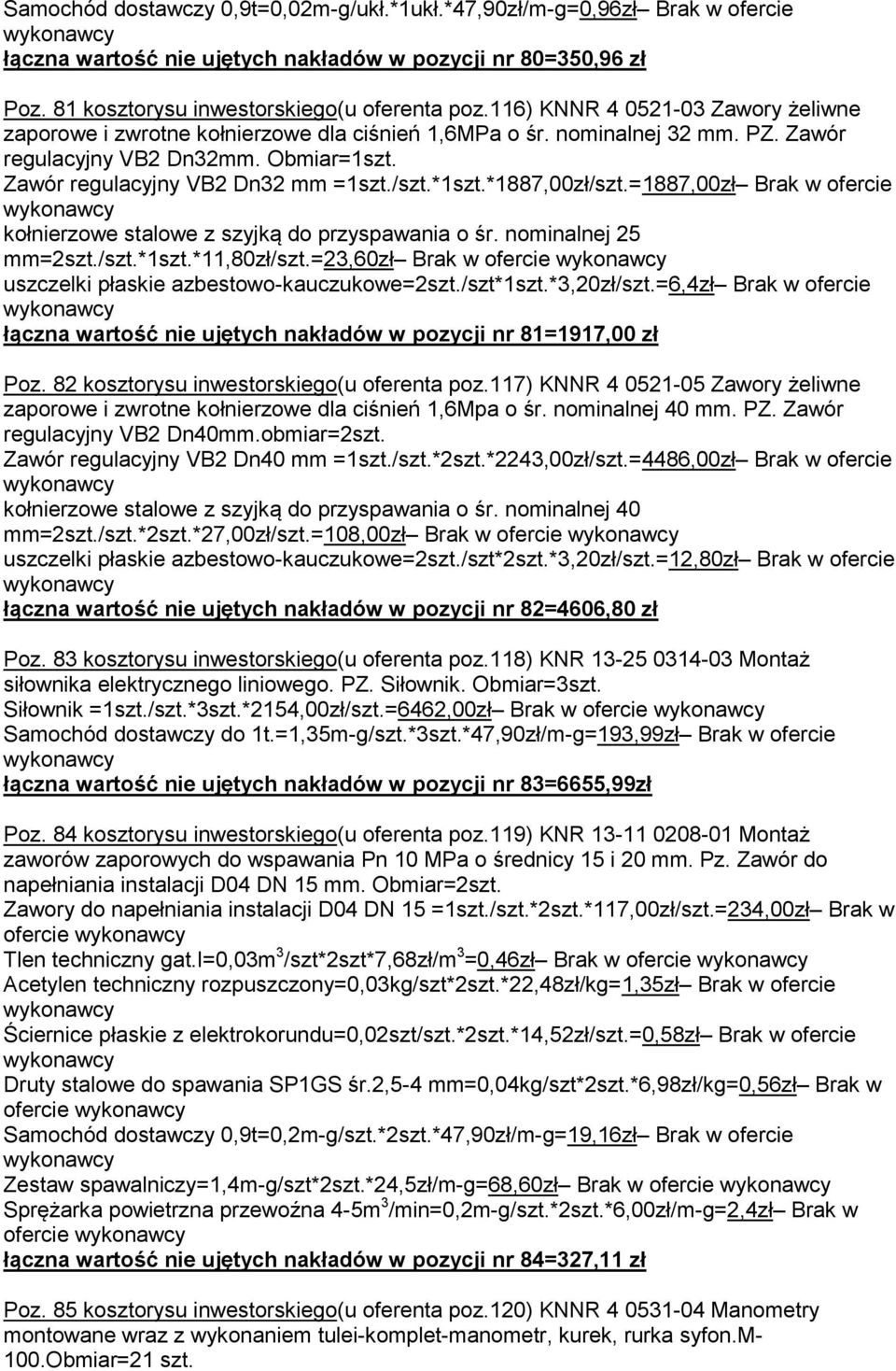 *1szt.*1887,00zł/szt.=1887,00zł Brak w ofercie kołnierzowe stalowe z szyjką do przyspawania o śr. nominalnej 25 mm=2szt./szt.*1szt.*11,80zł/szt.