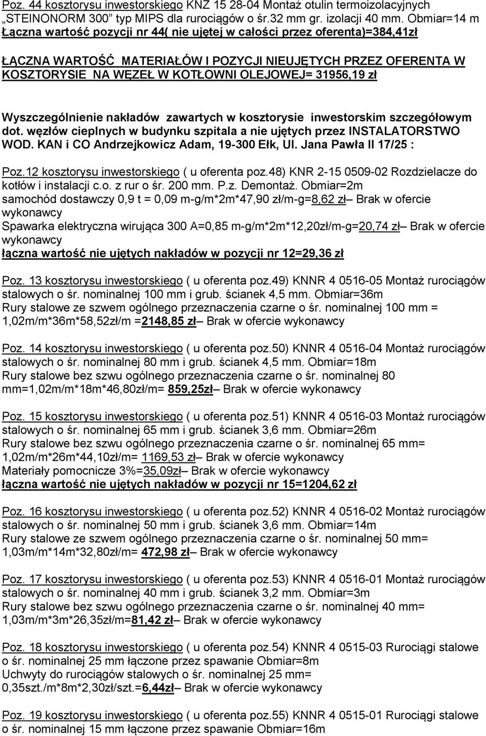 31956,19 zł Wyszczególnienie nakładów zawartych w kosztorysie inwestorskim szczegółowym dot. węzłów cieplnych w budynku szpitala a nie ujętych przez INSTALATORSTWO WOD.