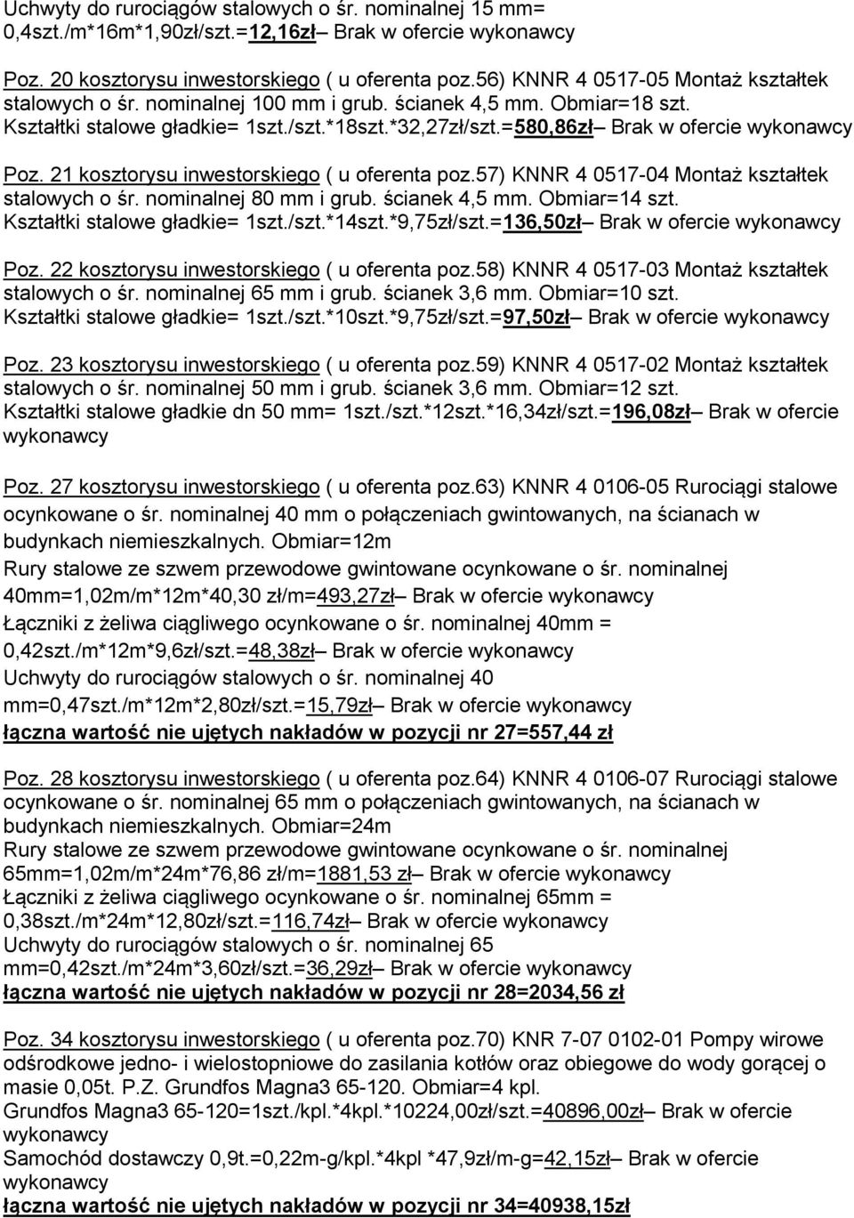 21 kosztorysu inwestorskiego ( u oferenta poz.57) KNNR 4 0517-04 Montaż kształtek stalowych o śr. nominalnej 80 mm i grub. ścianek 4,5 mm. Obmiar=14 szt. Kształtki stalowe gładkie= 1szt./szt.*14szt.