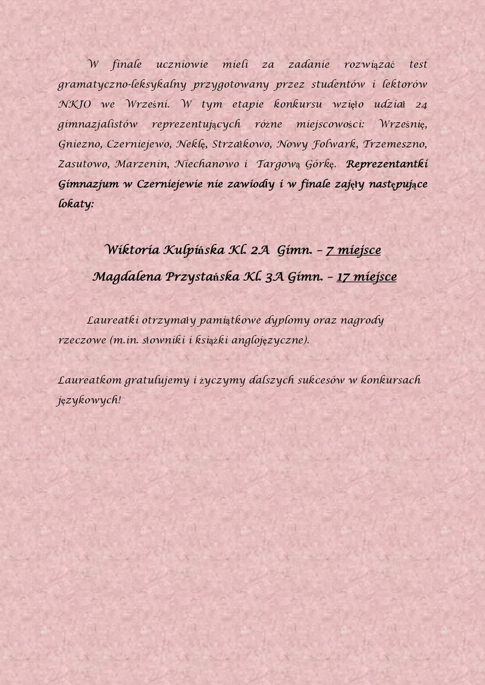 Zasutowo, Marzenin, Niechanowo i Targową Górkę. Reprezentantki Gimnazjum w Czerniejewie nie zawiodły i w finale zajęły następujące lokaty: Wiktoria Kulpińska Kl. 2A Gimn.