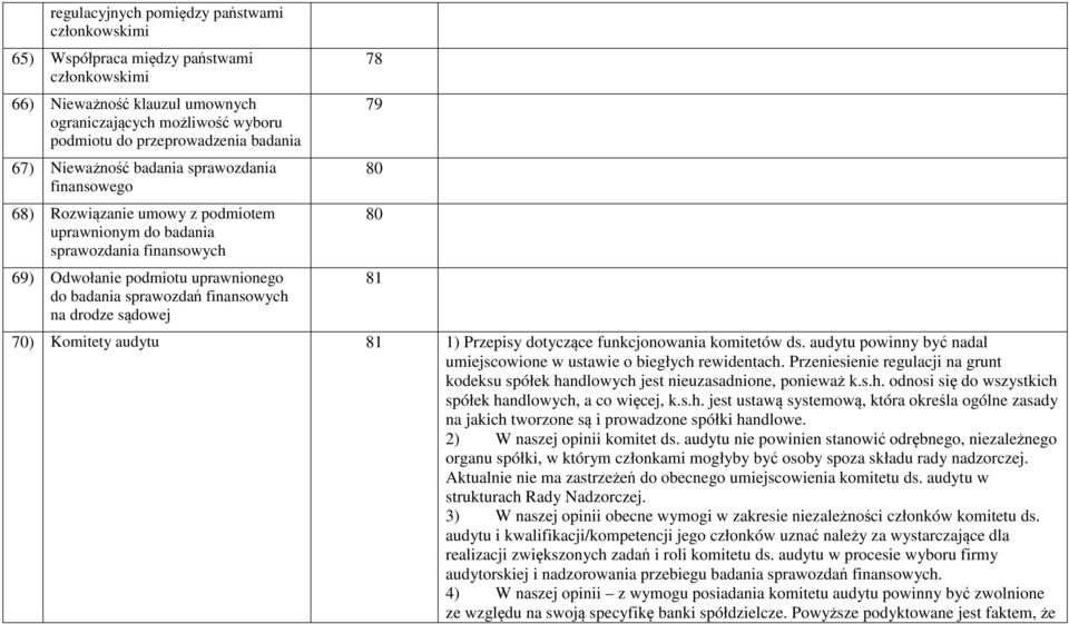 drodze sądowej 78 79 80 80 81 70) Komitety audytu 81 1) Przepisy dotyczące funkcjonowania komitetów ds. audytu powinny być nadal umiejscowione w ustawie o biegłych rewidentach.