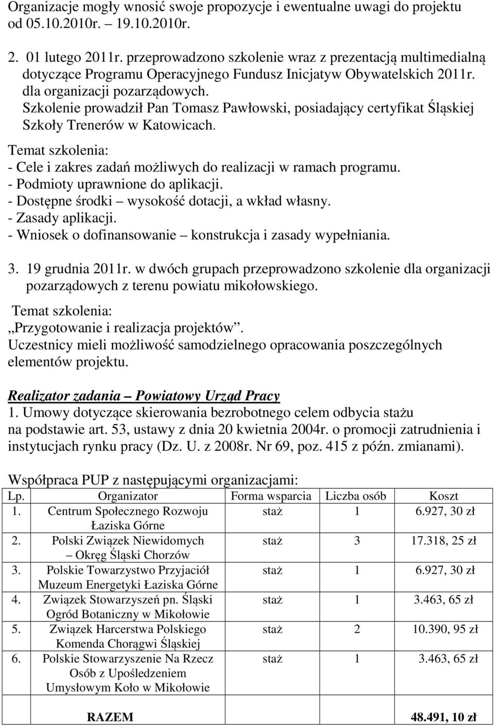 Szkolenie prowadził Pan Tomasz Pawłowski, posiadający certyfikat Śląskiej Szkoły Trenerów w Katowicach. Temat szkolenia: - Cele i zakres zadań możliwych do realizacji w ramach programu.
