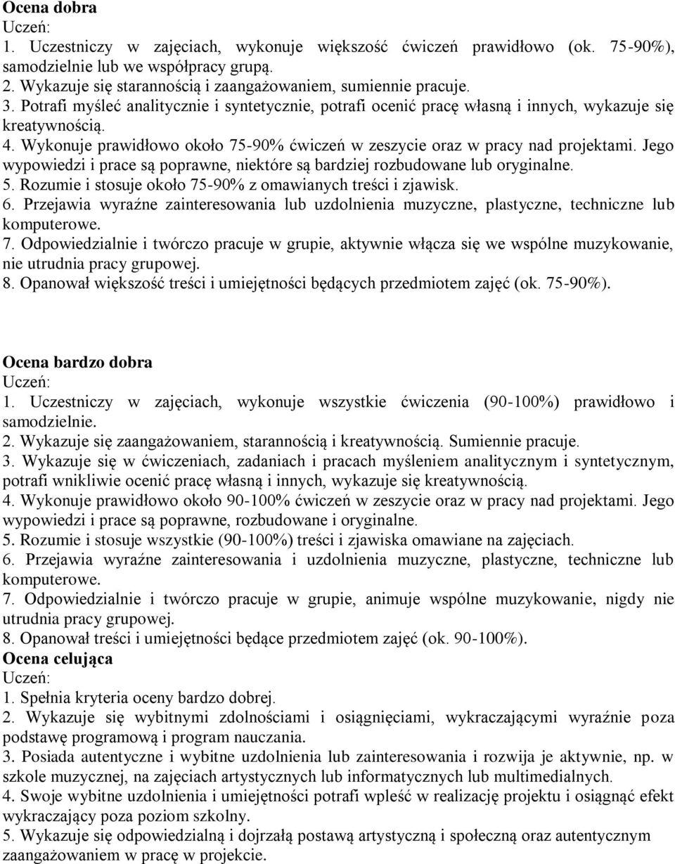 Jego wypowiedzi i prace są poprawne, niektóre są bardziej rozbudowane lub oryginalne. 5. Rozumie i stosuje około 75-90% z omawianych treści i zjawisk. 6.