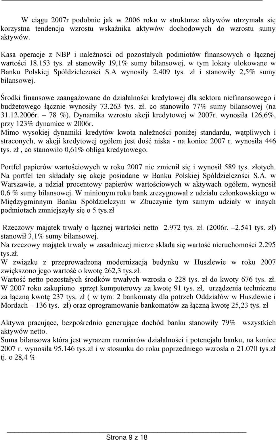 A wynosiły 2.409 tys. zł i stanowiły 2,5% sumy bilansowej. Środki finansowe zaangażowane do działalności kredytowej dla sektora niefinansowego i budżetowego łącznie wynosiły 73.263 tys. zł. co stanowiło 77% sumy bilansowej (na 31.