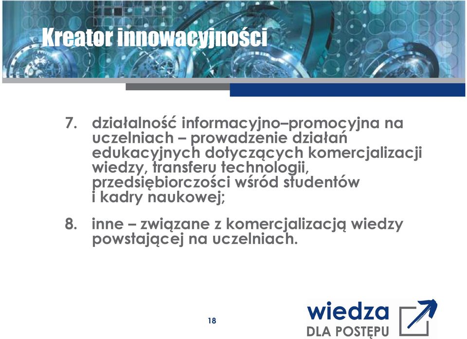 edukacyjnych dotyczących komercjalizacji wiedzy, transferu technologii,