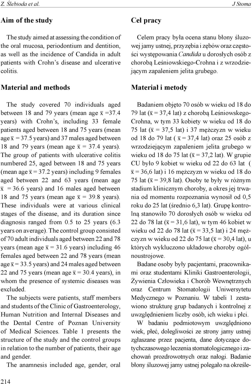 ulcerative colitis. Material and methods The study covered 70 individuals aged between 18 and 79 years (mean age =37.