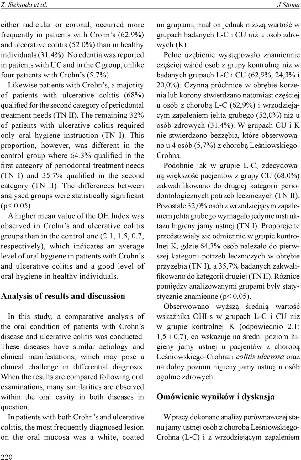 Likewise patients with Crohn s, a majority of patients with ulcerative colitis (68%) qualified for the second category of periodontal treatment needs (TN II).