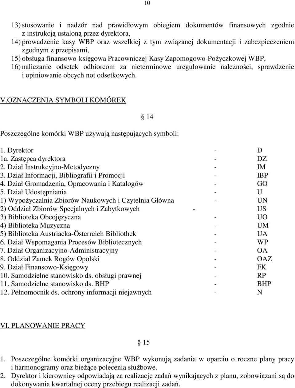 sprawdzenie i opiniowanie obcych not odsetkowych. V.OZNACZENIA SYMBOLI KOMÓREK 14 Poszczególne komórki WBP używają następujących symboli: 1. Dyrektor - D 1a. Zastępca dyrektora - DZ 2.