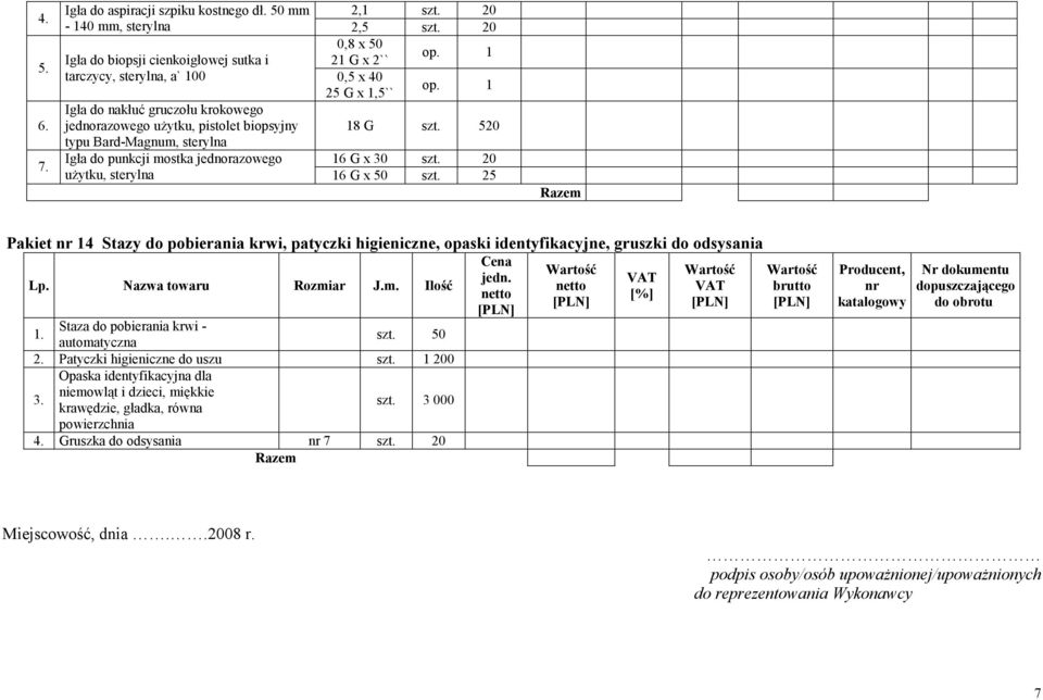 520 typu Bard-Magnum, sterylna Igła do punkcji mostka jednorazowego 16 G x 30 szt. 20 uŝytku, sterylna 16 G x 50 szt.