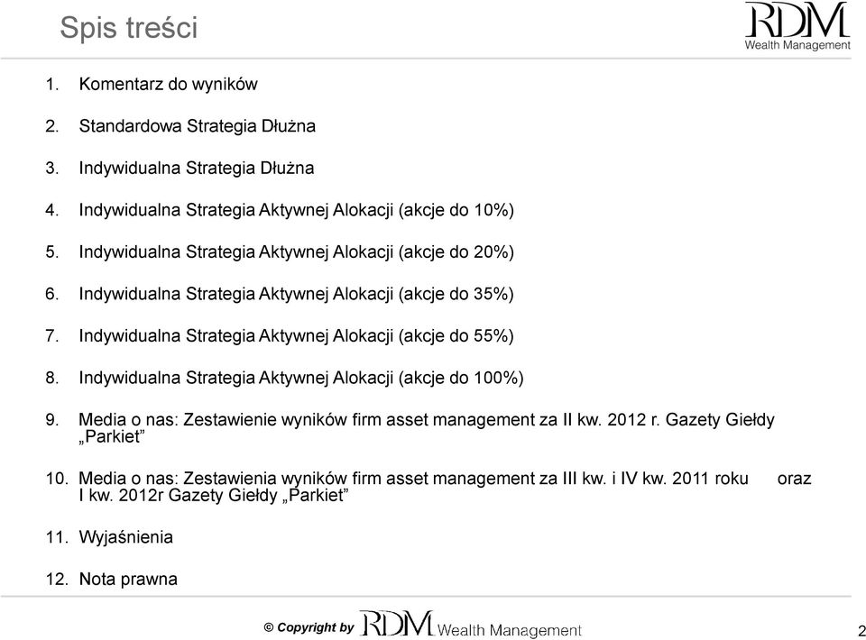 Indywidualna Strategia Aktywnej Alokacji (akcje do 55%) 8. Indywidualna Strategia Aktywnej Alokacji (akcje do 100%) 9.