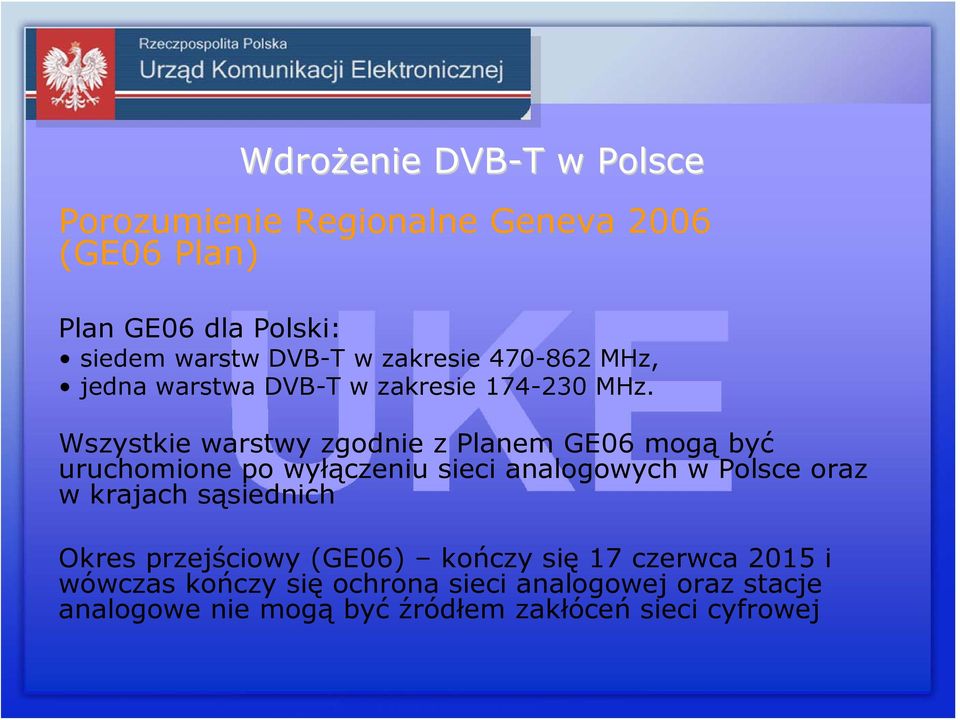 Wszystkie warstwy zgodnie z Planem GE06 mogą być uruchomione po wyłączeniu sieci analogowych w Polsce oraz w krajach