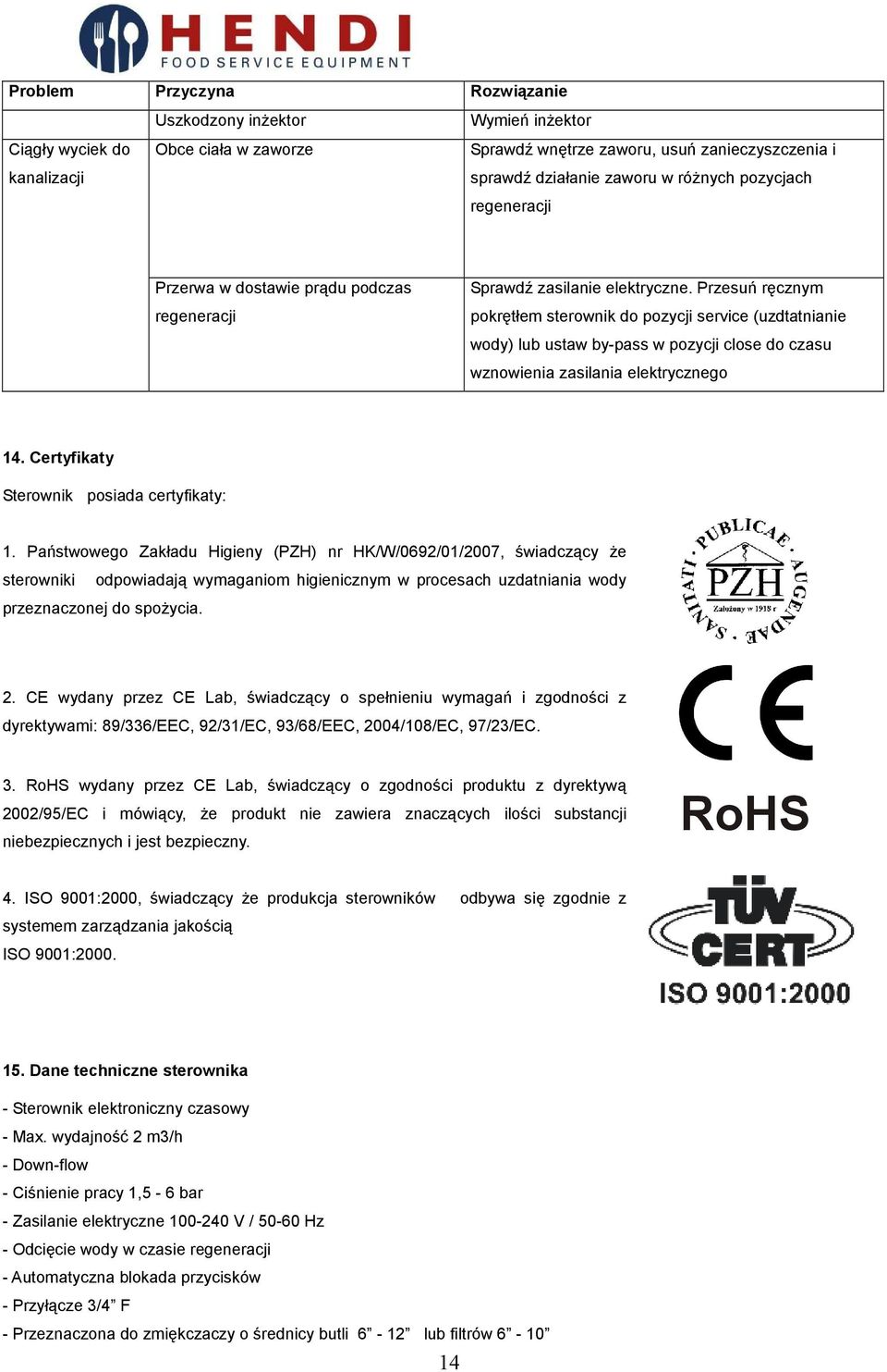 Przesuń ręcznym pokrętłem sterownik do pozycji service (uzdtatnianie wody) lub ustaw by-pass w pozycji close do czasu wznowienia zasilania elektrycznego 14.