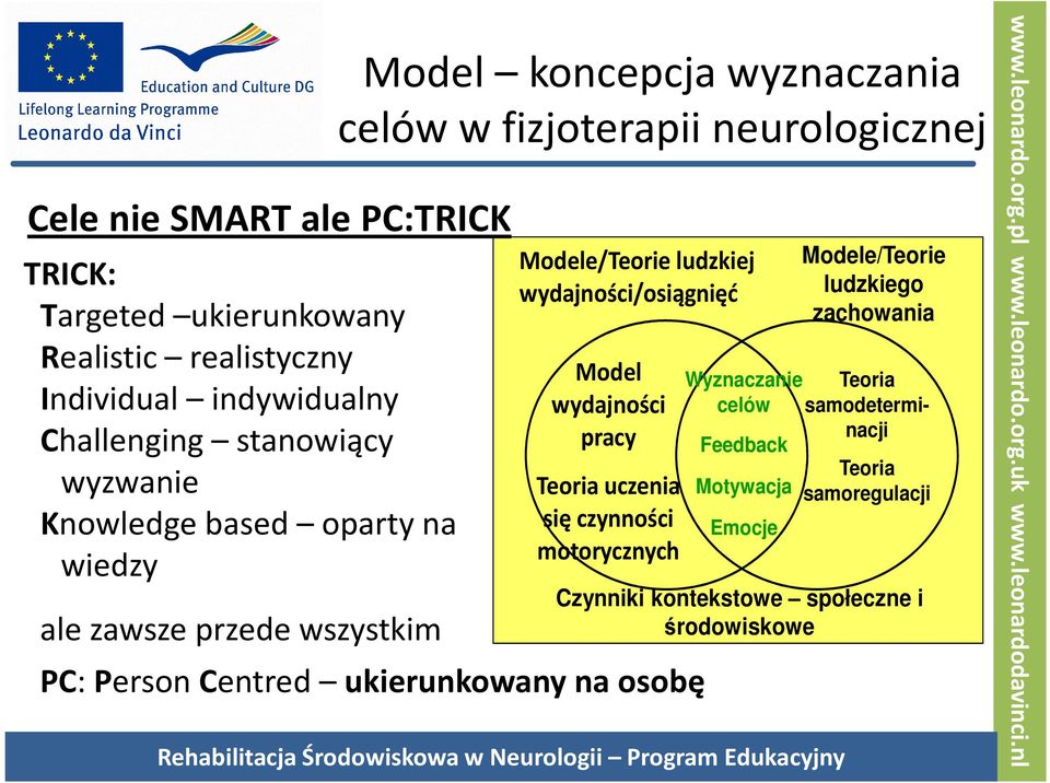 Modele/Teorieludzkiej wydajności/osiągnięć Model wydajności pracy Teoria uczenia się czynności motorycznych PC: Person Centred ukierunkowany na