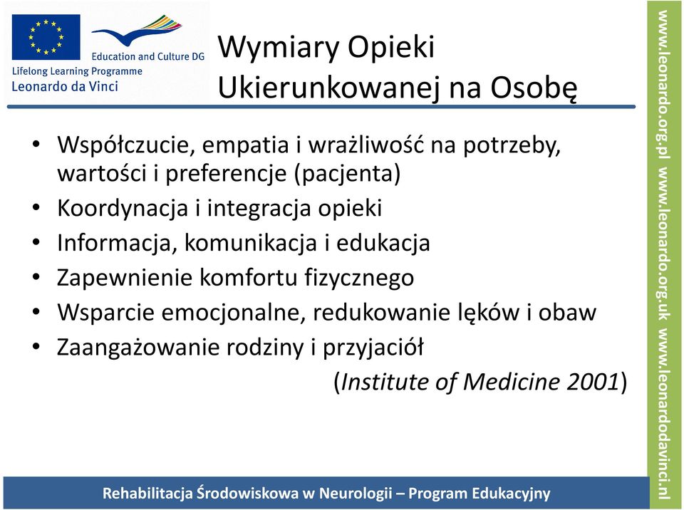 Informacja, komunikacja i edukacja Zapewnienie komfortu fizycznego Wsparcie