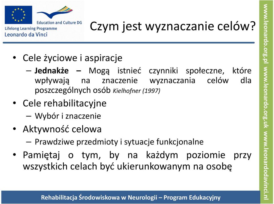 celów dla poszczególnych osób Kielhofner(1997) Cele rehabilitacyjne Wybór i znaczenie Aktywność celowa