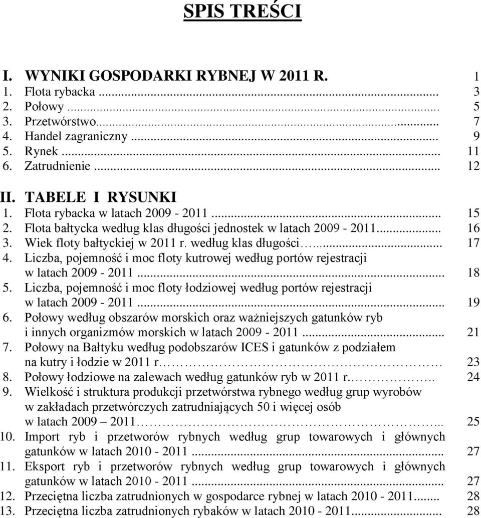 Liczba, pojemność i moc floty kutrowej według portów rejestracji w latach 2009-2011... 18 5. Liczba, pojemność i moc floty łodziowej według portów rejestracji w latach 2009-2011... 19 6.