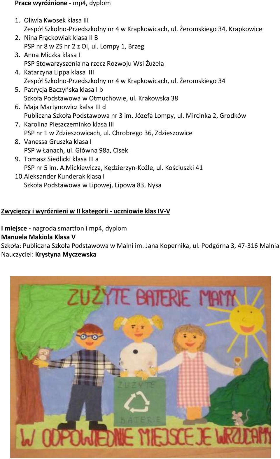 Patrycja Baczyńska klasa I b Szkoła Podstawowa w Otmuchowie, ul. Krakowska 38 6. Maja Martynowicz kalsa III d Publiczna Szkoła Podstawowa nr 3 im. Józefa Lompy, ul. Mircinka 2, Grodków 7.