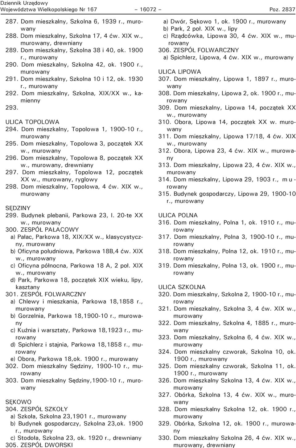 Dom mieszkalny, Topolowa 1, 1900-10 r., 295. Dom mieszkalny, Topolowa 3, początek XX w., 296. Dom mieszkalny, Topolowa 8, początek XX w.,, drewniany 297. Dom mieszkalny, Topolowa 12, początek XX w.