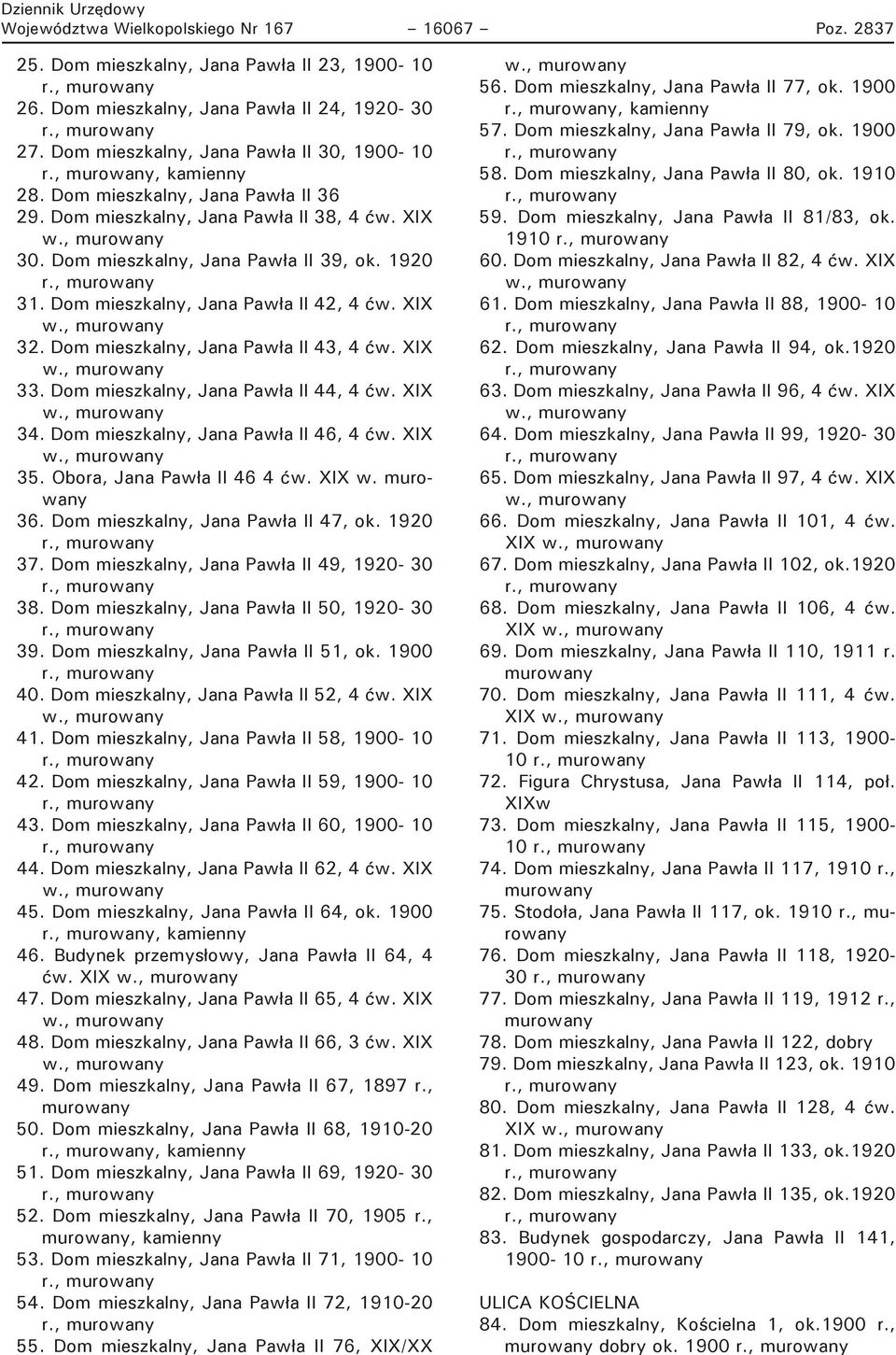 XIX w., 32. Dom mieszkalny, Jana Pawła II 43, 4 ćw. XIX w., 33. Dom mieszkalny, Jana Pawła II 44, 4 ćw. XIX w., 34. Dom mieszkalny, Jana Pawła II 46, 4 ćw. XIX w., 35. Obora, Jana Pawła II 46 4 ćw.