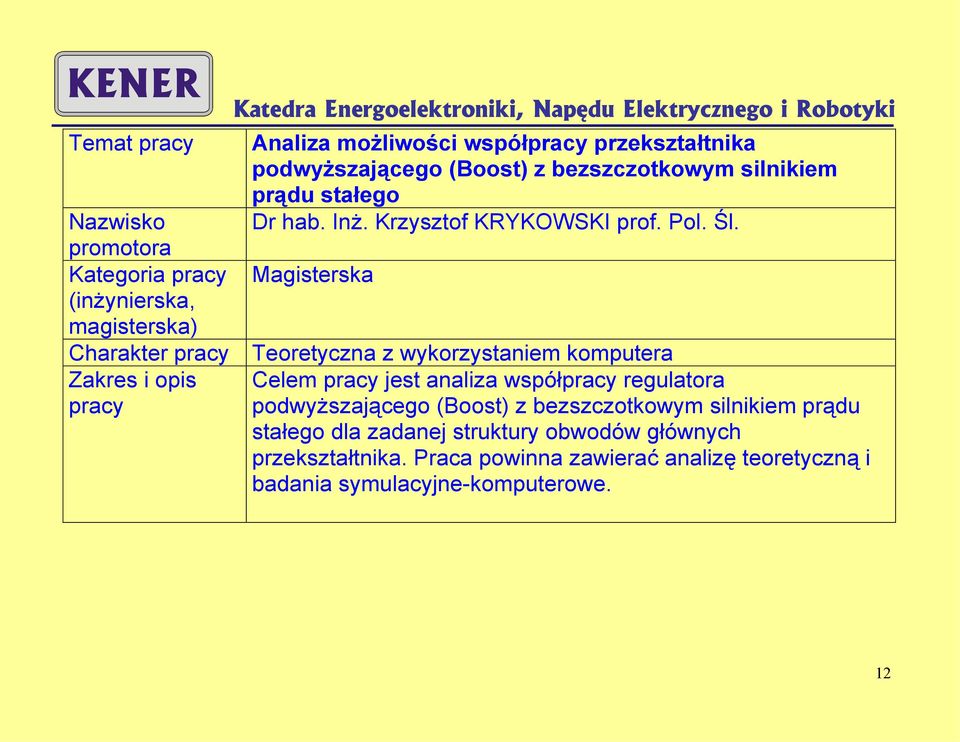 Nazwisko Kategoria Magisterska (inżynierska, magisterska) Charakter Teoretyczna z wykorzystaniem komputera Zakres i opis Celem