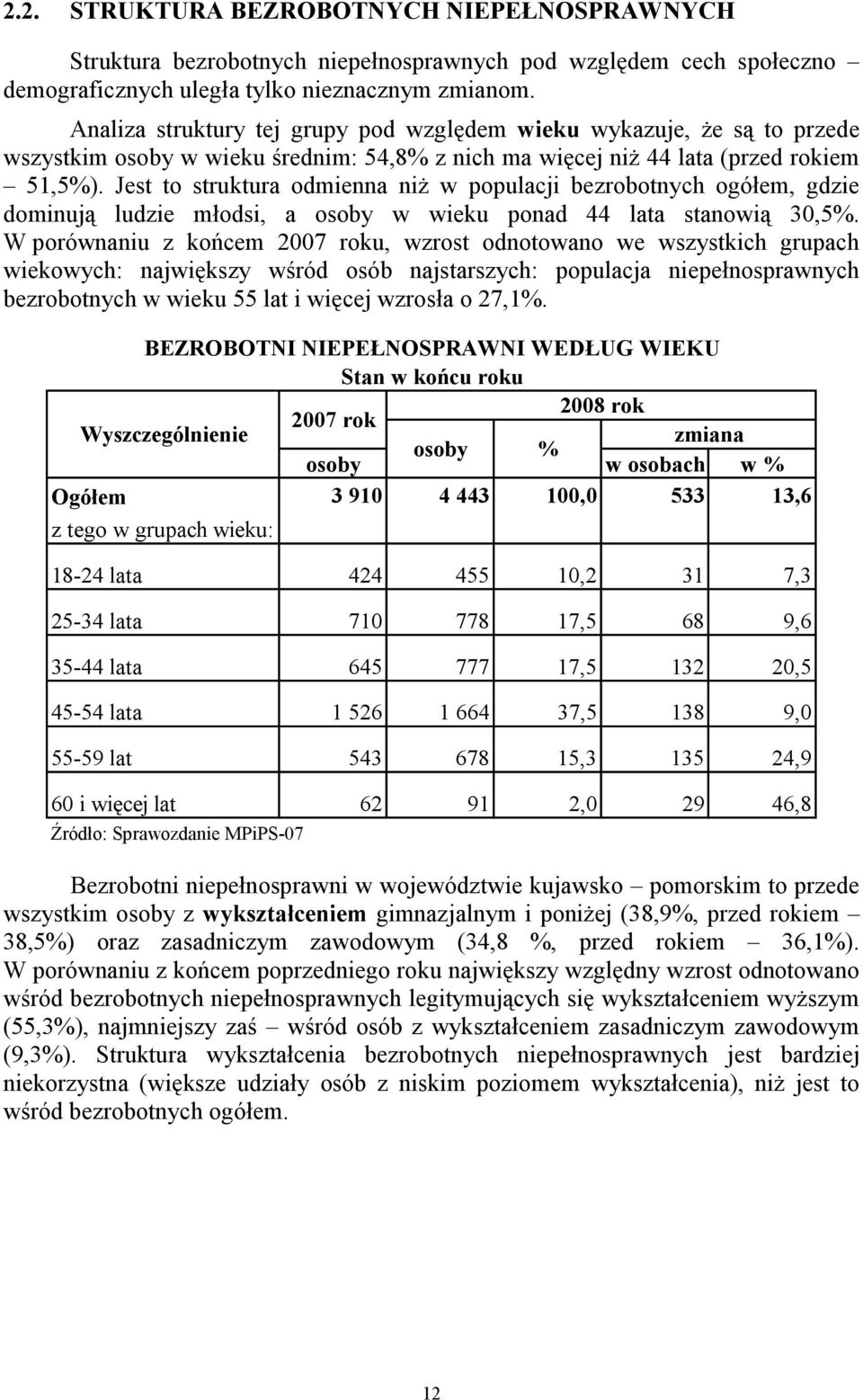 Jest to struktura odmienna niŝ w populacji bezrobotnych ogółem, gdzie dominują ludzie młodsi, a osoby w wieku ponad 44 lata stanowią 30,5%.