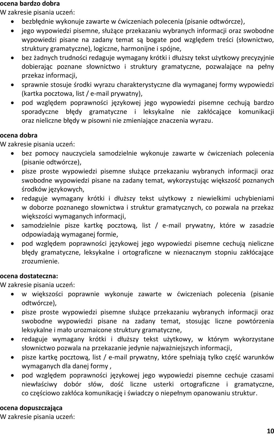 użytkowy precyzyjnie dobierając poznane słownictwo i struktury gramatyczne, pozwalające na pełny przekaz informacji, sprawnie stosuje środki wyrazu charakterystyczne dla wymaganej formy wypowiedzi