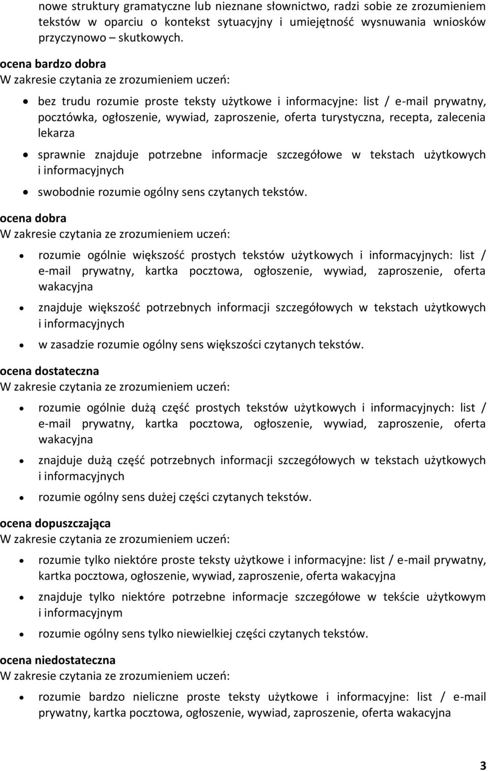 turystyczna, recepta, zalecenia lekarza sprawnie znajduje potrzebne informacje szczegółowe w tekstach użytkowych i informacyjnych swobodnie rozumie ogólny sens czytanych tekstów.