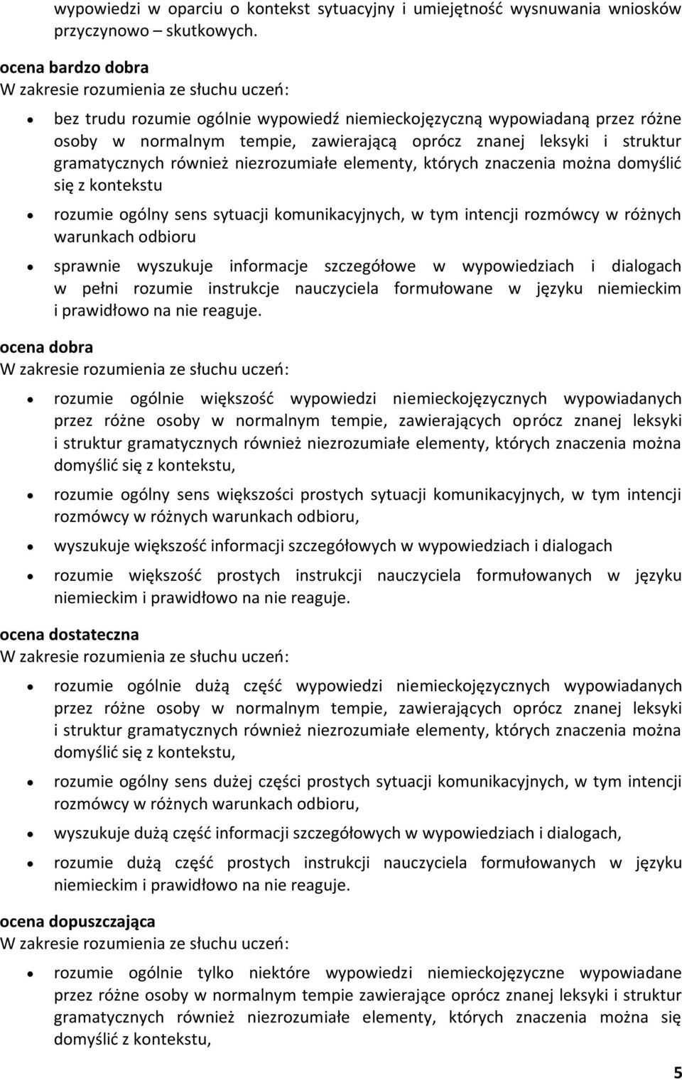 struktur gramatycznych również niezrozumiałe elementy, których znaczenia można domyślić się z kontekstu rozumie ogólny sens sytuacji komunikacyjnych, w tym intencji rozmówcy w różnych warunkach