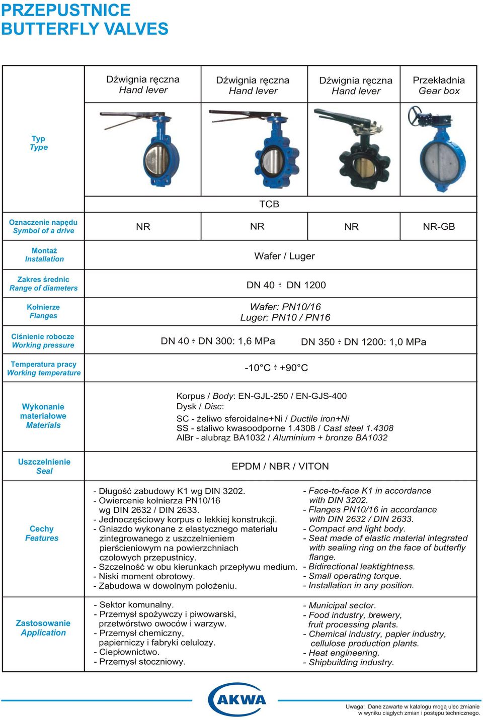 4308 / Cast steel 1.4308 AlBr - alubr¹z BA1032 / Aluminium + bronze BA1032 EPDM / NBR / VITON - D³ugoœæ zabudowy K1 wg DIN 3202. - Owiercenie ko³nierza PN10/16 wg DIN 2632 / DIN 2633.