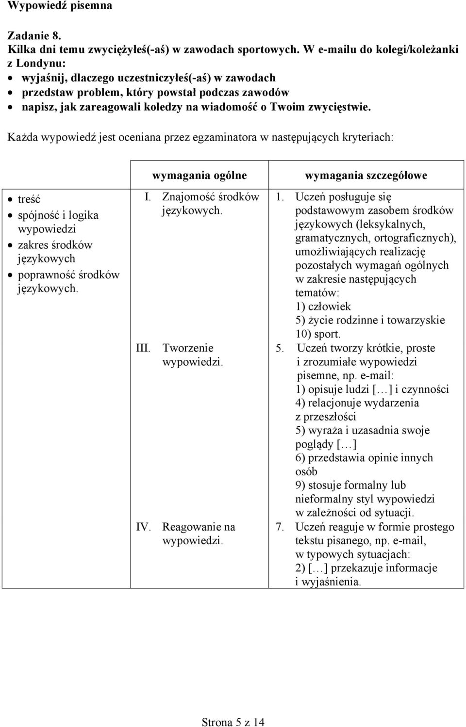 zwycięstwie. Każda wypowiedź jest oceniana przez egzaminatora w następujących kryteriach: treść spójność i logika wypowiedzi zakres środków językowych poprawność środków językowych.