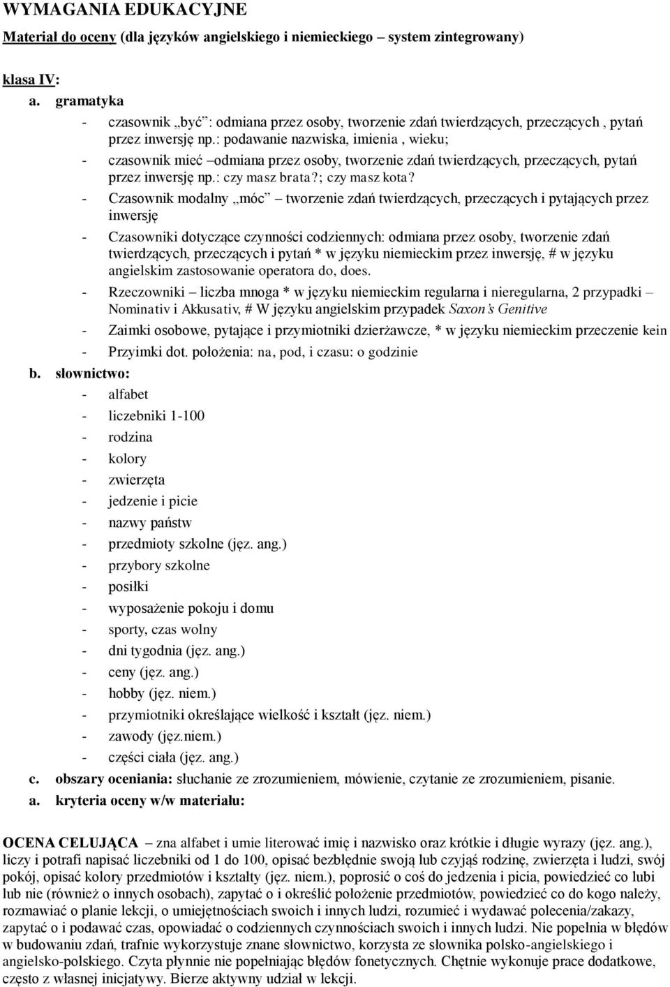 - Czasownik modalny móc tworzenie zdań twierdzących, przeczących i pytających przez inwersję - Czasowniki dotyczące czynności codziennych: odmiana przez osoby, tworzenie zdań twierdzących,