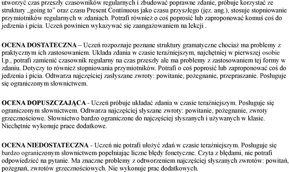 OCENA DOSTATECZNA Uczeń rozpoznaje poznane struktury gramatyczne chociaż ma problemy z praktycznym ich zastosowaniem. Układa zdania w czasie teraźniejszym, najchętniej w pierwszej osobie l.p., potrafi zamienić czasownik regularny na czas przeszły ale ma problemy z zastosowaniem tej formy w zdaniu.