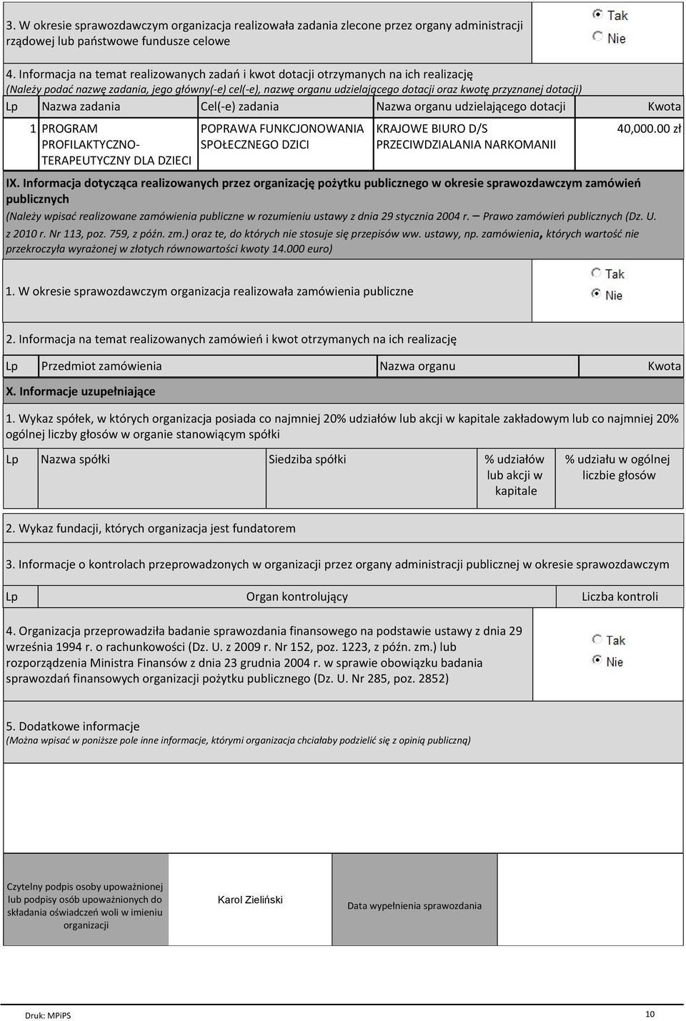 dotacji) Lp Nazwa zadania Cel(-e) zadania Nazwa organu udzielającego dotacji Kwota 1 PROGRAM PROFILAKTYCZNO- TERAPEUTYCZNY DLA DZIECI POPRAWA FUNKCJONOWANIA SPOŁECZNEGO DZICI KRAJOWE BIURO D/S