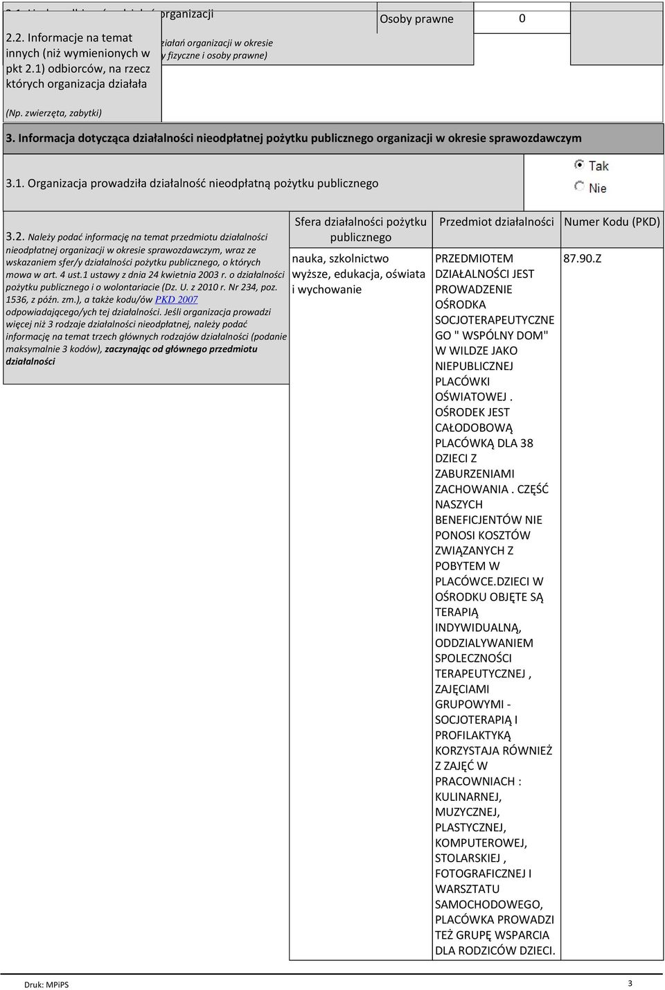 Informacja dotycząca działalności nieodpłatnej pożytku publicznego organizacji w okresie sprawozdawczym 3.1. Organizacja prowadziła działalność nieodpłatną pożytku publicznego 3.2.