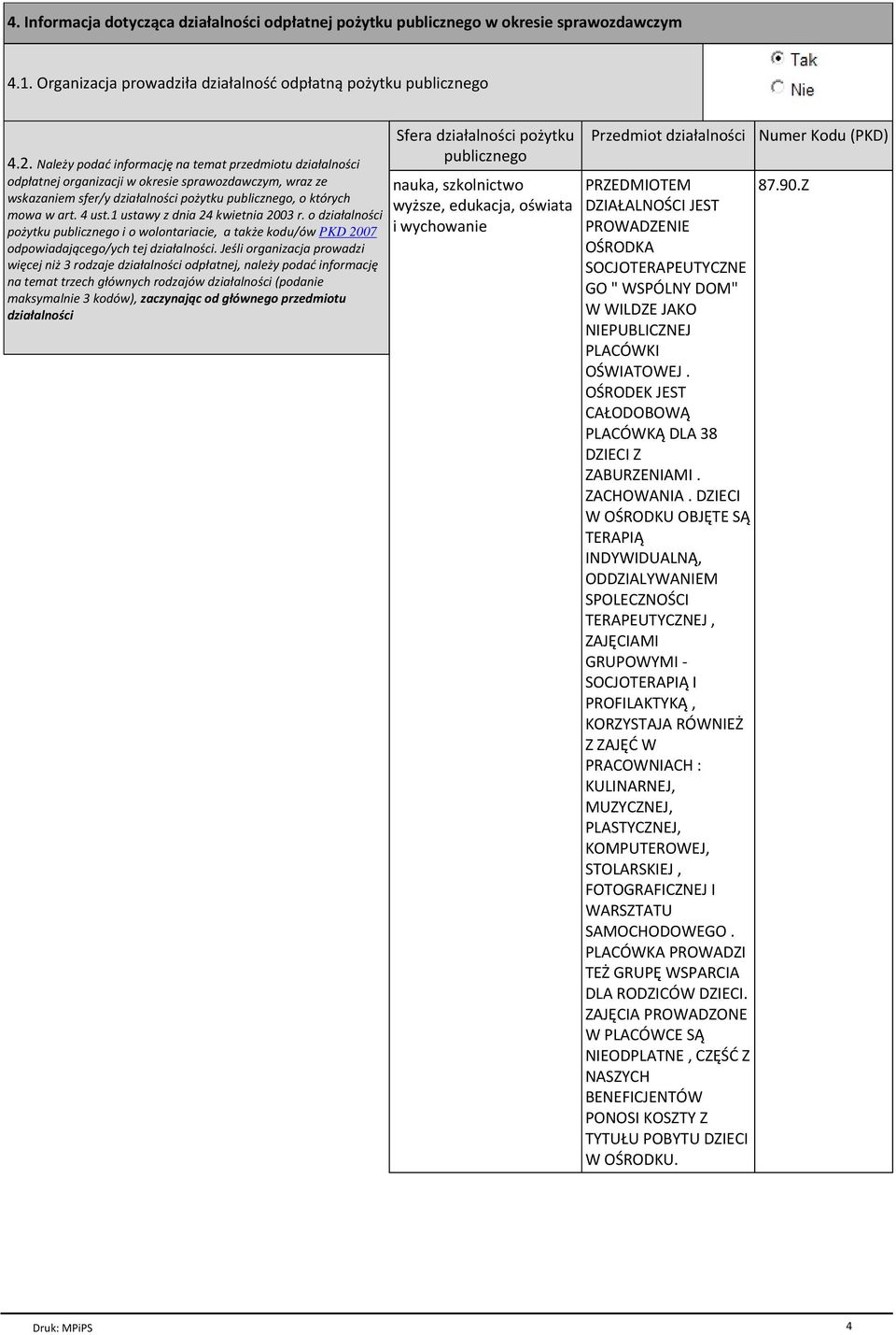 1 ustawy z dnia 24 kwietnia 2003 r. o działalności pożytku publicznego i o wolontariacie, a także kodu/ów PKD 2007 odpowiadającego/ych tej działalności.