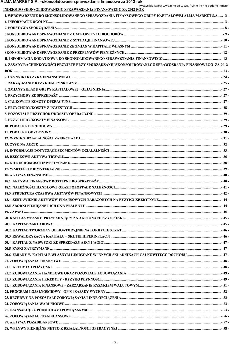 ..- 8 - SKONSOLIDOWANE SPRAWOZDANIE Z CAŁKOWITYCH DOCHODÓW...- 9 - SKONSOLIDOWANE SPRAWOZDANIE Z SYTUACJI FINANSOWEJ...- 10 - SKONSOLIDOWANE SPRAWOZDANIE ZE ZMIAN W KAPITALE WŁASNYM.