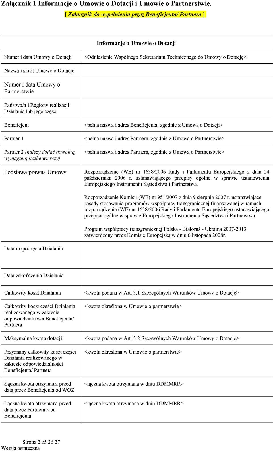 Umowy o Dotację Numer i data Umowy o Partnerstwie Państwo/a i Regiony realizacji Działania lub jego część Beneficjent Partner 1 Partner 2 (należy dodać dowolną, wymaganą liczbę wierszy) <pełna nazwa