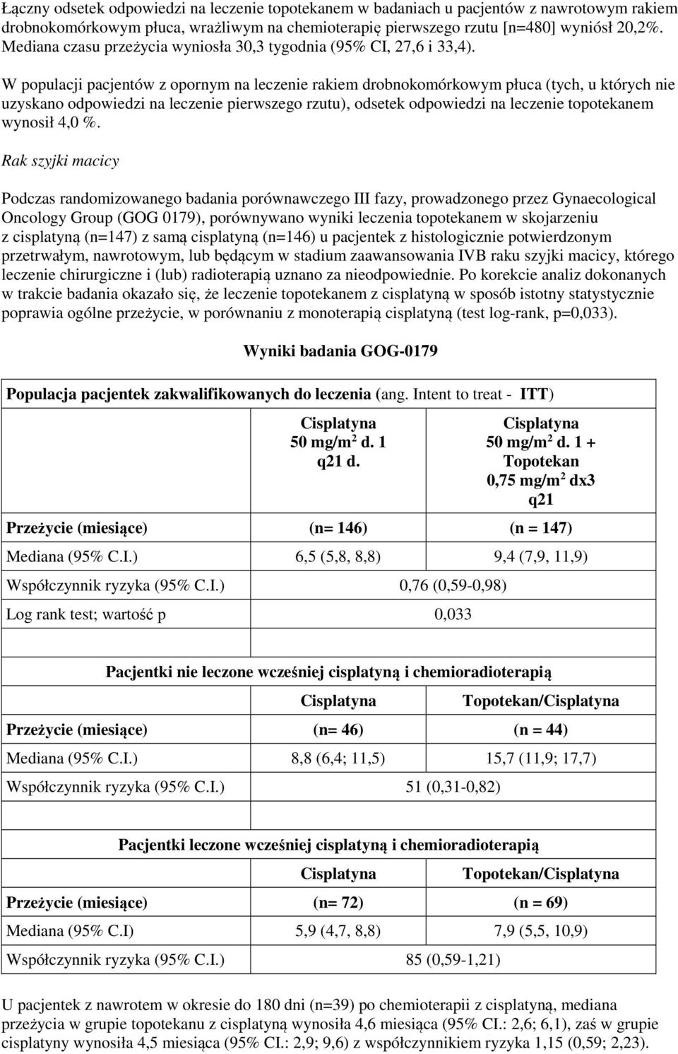 W populacji pacjentów z opornym na leczenie rakiem drobnokomórkowym płuca (tych, u których nie uzyskano odpowiedzi na leczenie pierwszego rzutu), odsetek odpowiedzi na leczenie topotekanem wynosił