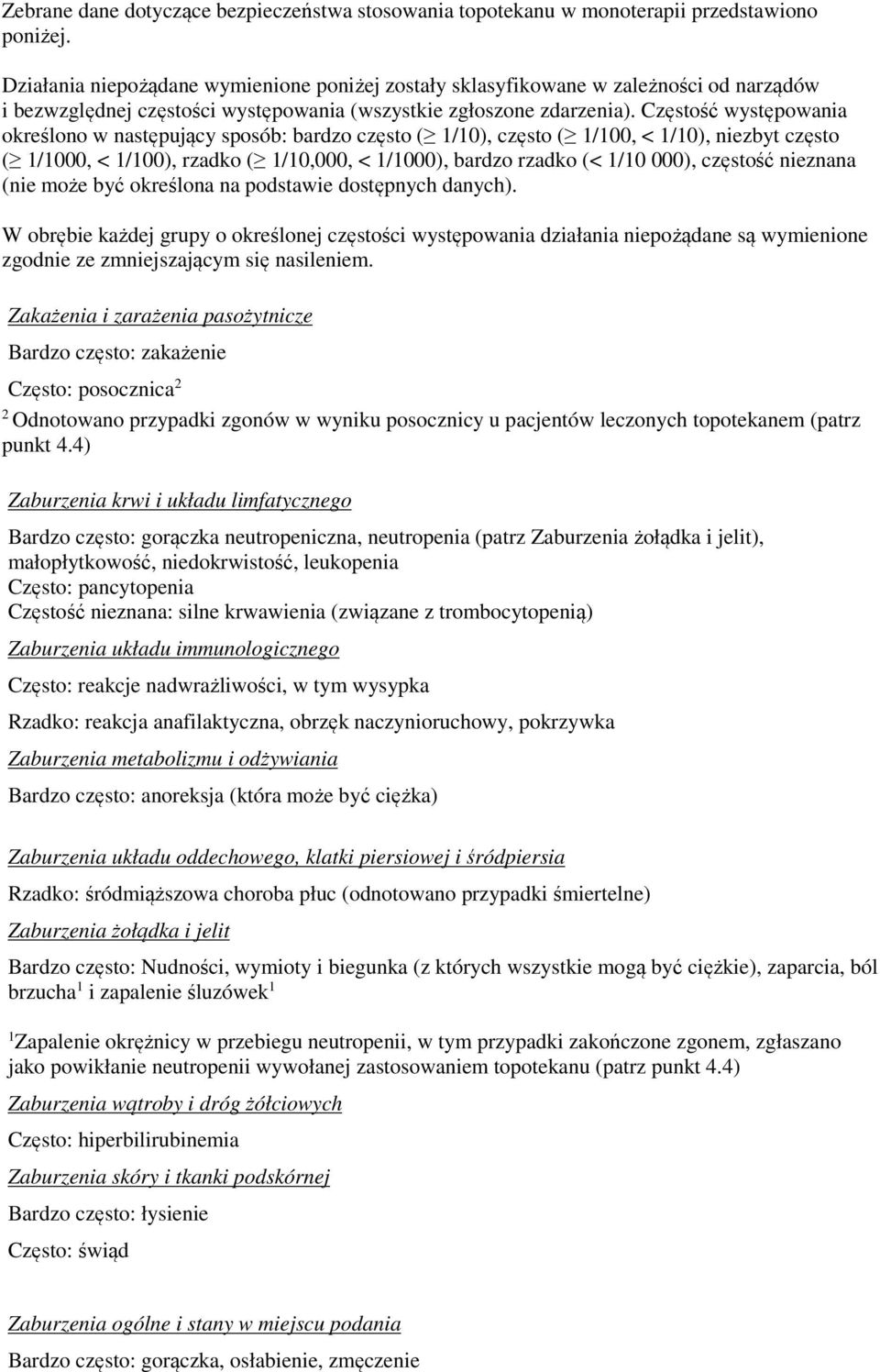 Częstość występowania określono w następujący sposób: bardzo często ( 1/10), często ( 1/100, < 1/10), niezbyt często ( 1/1000, < 1/100), rzadko ( 1/10,000, < 1/1000), bardzo rzadko (< 1/10 000),